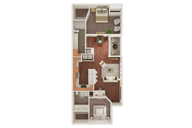 Contemporary 2D floor plan showcasing 2 bedrooms, a stylish living area, kitchen with island, and cozy dining space.