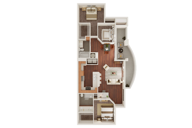 Elegant floor plan with two cozy bedrooms, a stylish open living area, and a modern kitchen, featuring hardwood floors and ample natural light.