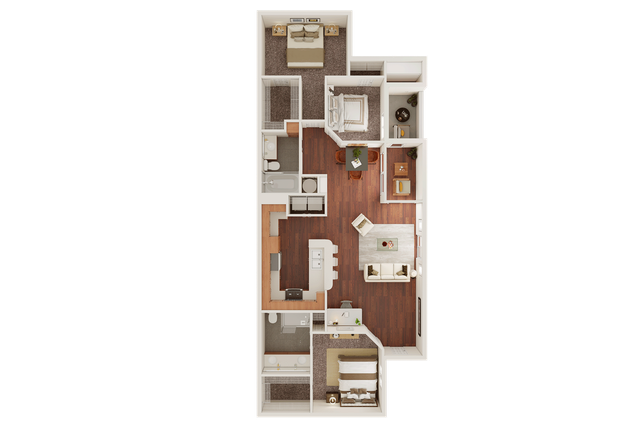 Elegant 3D floor plan showcasing two spacious bedrooms, open-concept kitchen and living area, and stylish hardwood flooring.