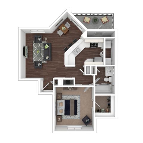 Elegant 3D floor plan showcasing a spacious one-bedroom apartment with open-concept living area, modern kitchen with breakfast bar, and a cozy balcony.