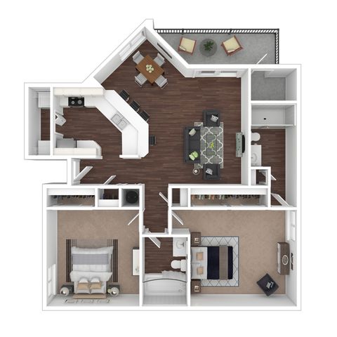 Contemporary apartment floor plan featuring 2 bedrooms, an open living area, and a stylish kitchen with hardwood floors, leading to a cozy outdoor patio.