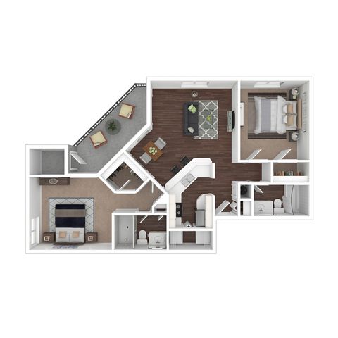 Modern 3D floor plan featuring two bedrooms, a spacious living area, open kitchen, study, and a cozy balcony.