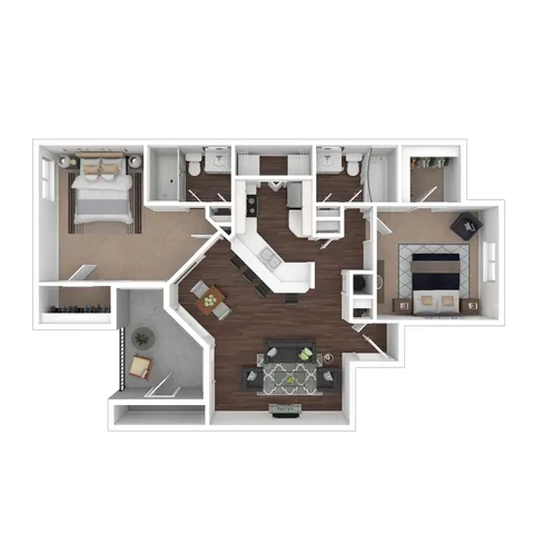 Elegant 3D floor plan showcasing 2 bedrooms, modern kitchen with breakfast bar, and spacious living room with balcony access.
