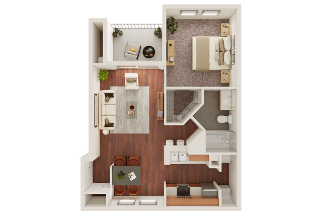 Inviting floor plan showcasing a cozy 1-bedroom apartment with a spacious living area, modern kitchen, and private balcony.