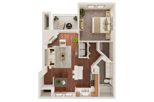 Modern 3D floor plan showcasing a spacious one-bedroom apartment with an open living area, sleek kitchen, and elegant bathroom, featuring a cozy private balcony.