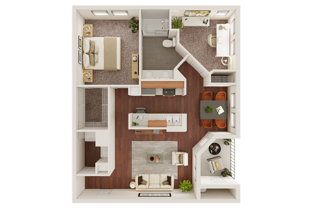 Modern apartment floor plan showcasing 1 bedroom, open-concept kitchen, and cozy living area.