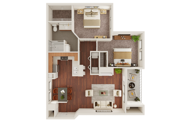 Elegant 2D floor plan showcasing 2 bedrooms, a pristine bathroom, open kitchen, and cozy living area.
