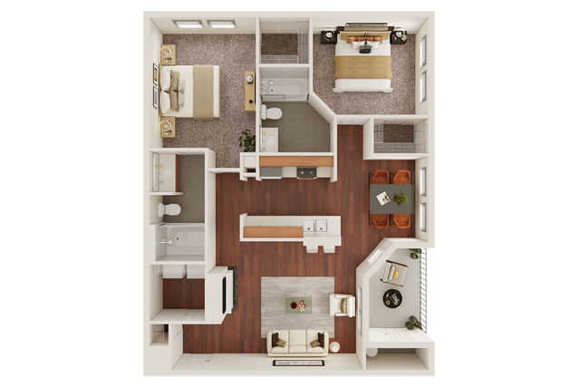 Chic floor plan of a modern apartment showcasing two spacious bedrooms, two bathrooms, and a stylish open-concept living and kitchen area.