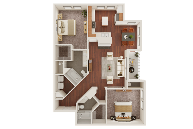 Beautifully designed floor plan showcasing 2 spacious bedrooms, an elegantly arranged living room, and a modern kitchen with dining area.