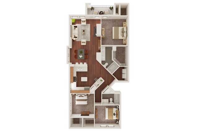 Elegant 2D floor plan showcasing a spacious layout with two cozy bedrooms, two modern bathrooms, an open-concept living and dining area, and a sleek kitchen. Perfect for comfortable living with stylish finishes.