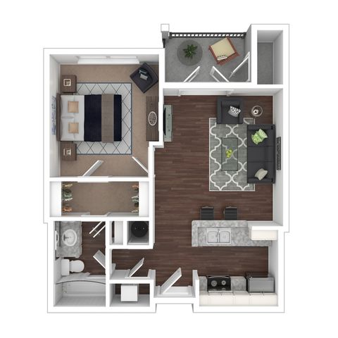 Modern 1-bedroom apartment floor plan featuring an open-concept living and dining area with elegant hardwood flooring and a cozy balcony.