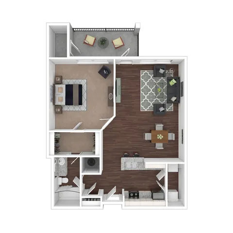 Modern one-bedroom apartment floor plan featuring a spacious living room, sleek kitchen with island, cozy bedroom, stylish bathroom, and a private balcony.