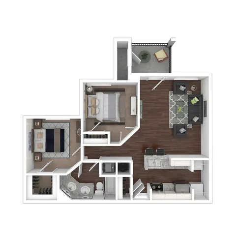 Modern 3D floor plan featuring 2 bedrooms, a cozy living area, a sleek kitchen with a breakfast bar, and a private balcony for relaxation.
