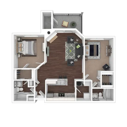 Contemporary 2-bedroom floor plan with open living area, modern kitchen, and private balcony for stylish urban living.