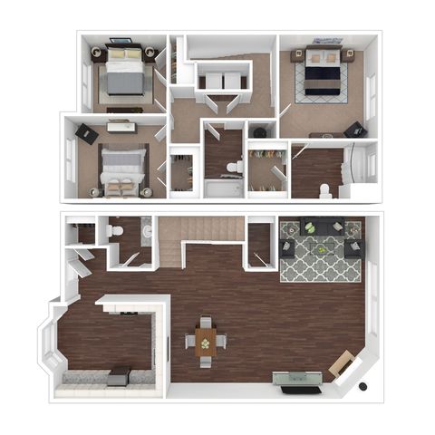 Modern 2D floor plan showcasing three elegant bedrooms, spacious open-concept living and dining area, stylish kitchen, and luxury bathrooms.