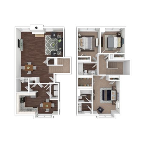 Spacious two-story floor plan featuring three bedrooms, a sleek kitchen, and an inviting open living area with modern decor.