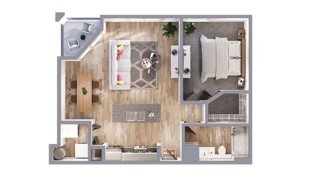 Modern 2D floor plan featuring a spacious bedroom, stylish open-concept kitchen, and cozy living and dining area with balcony access.