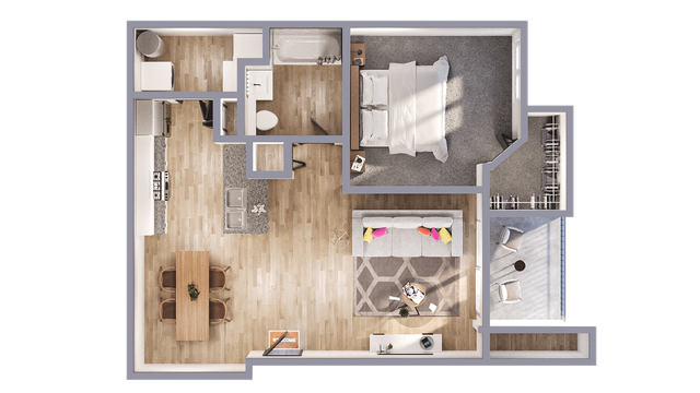 Modern 3D floor plan showcasing a cozy one-bedroom apartment with an open kitchen-living area, stylish bathroom, and private balcony.
