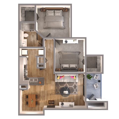 Modern 2D apartment floor plan showcasing 2 spacious bedrooms, an elegant open-concept kitchen, and a cozy living area leading to a charming balcony.