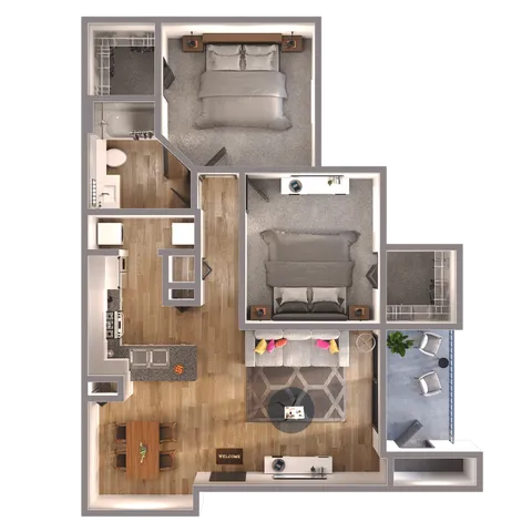 Modern 2-bedroom apartment floor plan featuring an open-concept living and dining area, sleek kitchen, inviting balcony, and a stylish bathroom layout.