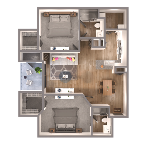 Modern floor plan showcasing stylish 2-bedroom apartment, open-concept living area, elegant kitchen, and private balcony.