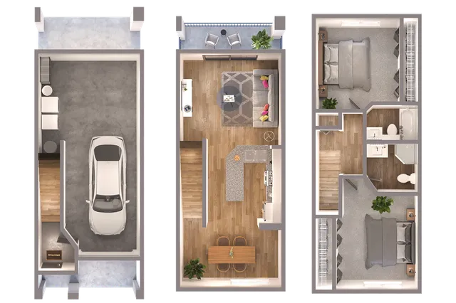 Modern 3D floor plan showcasing a stylish three-story layout with garage, open-concept living area, and two cozy bedrooms.