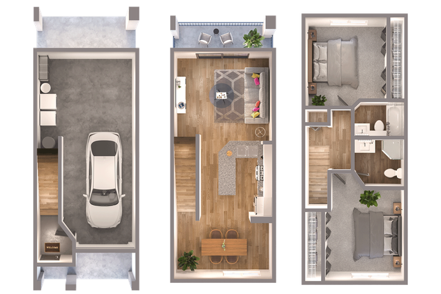 Modern multi-level floor plan featuring a spacious garage, cozy living area with balcony seating, sleek kitchen, dining space, and two elegant bedrooms.