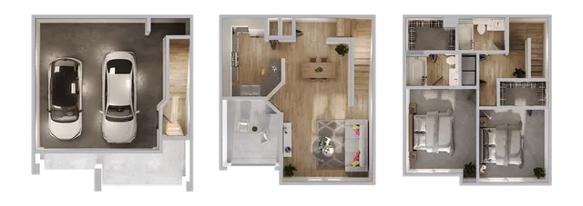 Modern three-level floor plan featuring a spacious garage for two cars, an open-concept main floor with a stylish kitchen and living area, and an upper level with two cozy bedrooms and two bathrooms.