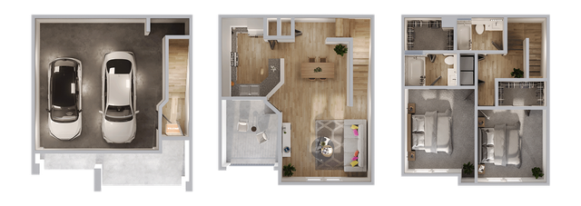 Modern townhouse floor plan featuring a spacious two-car garage, inviting open-concept living area, and three cozy bedrooms with ample storage space.