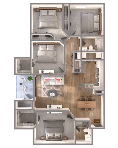 Elegant floor plan showcasing 3 bedrooms, a cozy living area, and a modern kitchen, featuring open-concept design and stylish decor.