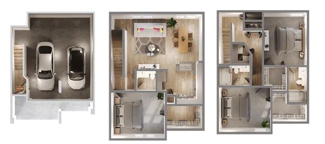 Chic three-level floor plan featuring a two-car garage, open-plan living and dining area, modern kitchen, and three cozy bedrooms with ample storage.