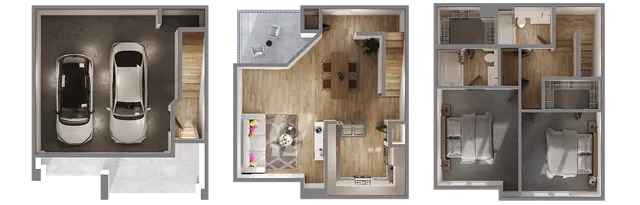 Modern multi-level floor plan showcasing a two-car garage, spacious living area with stylish kitchen, dining room, and two cozy bedrooms with baths.