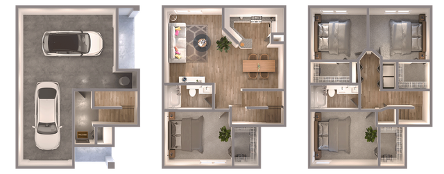 Elegant multi-level floor plan featuring a two-car garage, open living area with modern kitchen and dining space, and three spacious bedrooms.