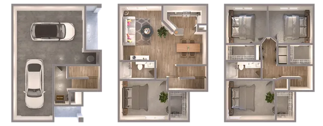 Modern multi-level floor plan featuring an open-concept living area, two cozy bedrooms, a stylish kitchen, and an attached garage for optimal convenience.