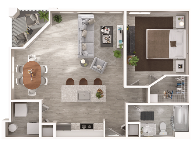 Elegant 1-bedroom apartment floor plan featuring an open living area, modern kitchen with island seating, and a cozy balcony.