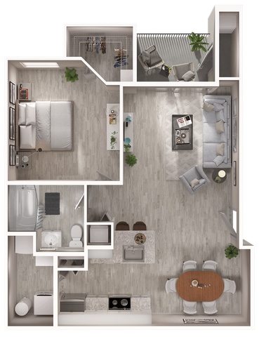 Chic and modern 1-bedroom apartment floor plan featuring an open-concept living area, cozy balcony, sleek kitchen, and elegant bathroom.