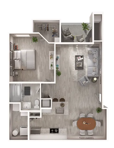 Modern 1-bedroom apartment floor plan showcasing a spacious living room, open-concept kitchen, elegant bathroom, and private balcony.