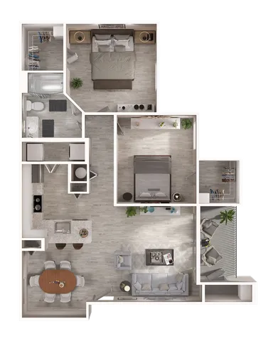 Contemporary floor plan featuring two bedrooms, a modern kitchen, and an inviting living area with an adjacent cozy balcony.