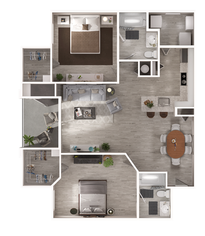 Modern floor plan showcasing a spacious 2-bedroom apartment with open-concept living and dining area, stylish kitchen, and two elegant bathrooms.