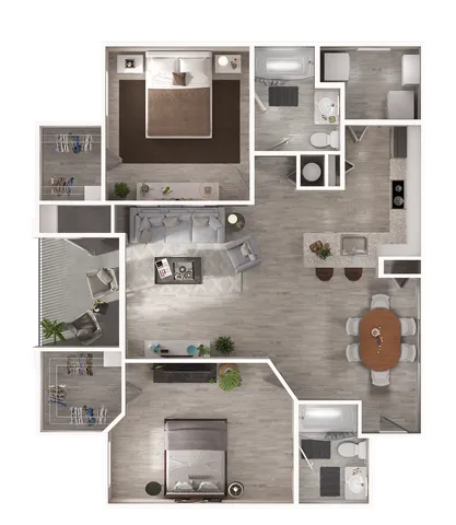 Chic apartment floor plan showcasing 2 bedrooms, modern open-concept living area, stylish kitchen, and cozy balcony.