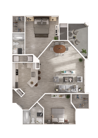 Modern 2-bedroom apartment floor plan featuring an open-concept kitchen and living area, two stylish bathrooms, and a cozy balcony for relaxation.
