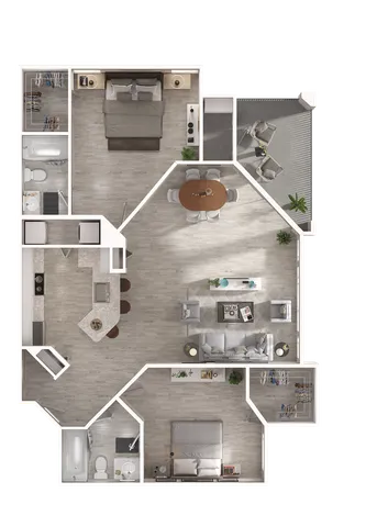 Contemporary floor plan showcasing two bedrooms, elegant open-concept living and dining area, and modern kitchen with breakfast bar.
