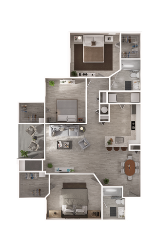 Modern apartment floor plan with two spacious bedrooms, stylish open-concept living area, sleek kitchen with dining space, and two well-appointed bathrooms.