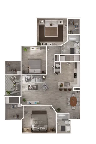 Sophisticated 3D apartment floor plan showcasing two spacious bedrooms, modern open kitchen, cozy living area, two bathrooms, and a private balcony.