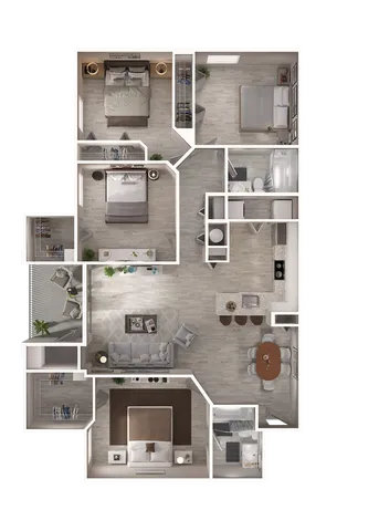 Modern 3D floor plan showcasing three bedrooms, two elegant bathrooms, a spacious open-concept living and dining area, and a sleek kitchen with a breakfast bar.