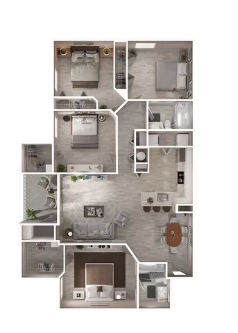 Modern floor plan showcasing three-bedroom apartment with open-concept living room, stylish kitchen, and two elegant bathrooms.