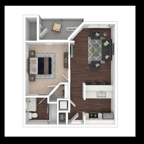 Modern 1-bedroom apartment floor plan with an open-concept living and dining area, stylish kitchen with island, cozy balcony, and elegant bathroom.