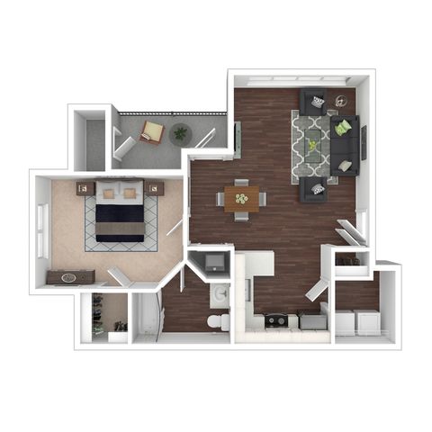 Elegant 1-bedroom floor plan featuring a spacious living area, modern kitchen, and a cozy balcony, perfect for comfortable living.