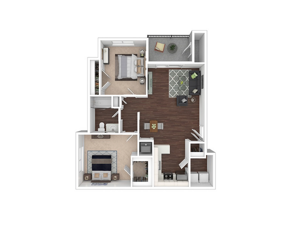 Modern 2D floor plan showcasing 2 bedrooms, a cozy open-concept living space, and a sleek kitchen.