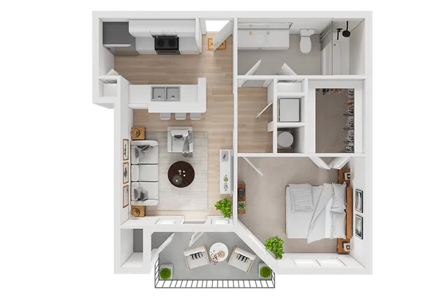 Modern 1-bedroom apartment floor plan with open-concept living and kitchen area, spacious bedroom, bathroom, and a cozy balcony.